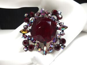 Red Large Rhinestone Aurora Borealis Brooch, Japanned Black Enamel 1970s Vintage